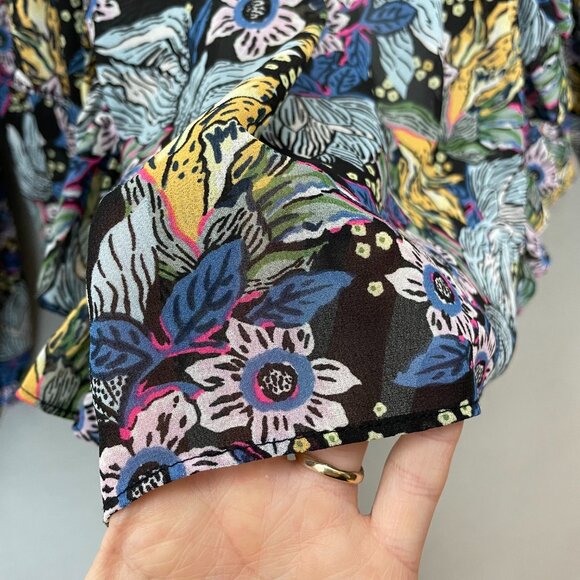 Floral Blouse Sheer Long Sleeve FLAWED Shirred Smocked Ruffles Blue Long Sleeve - Picture 14 of 15